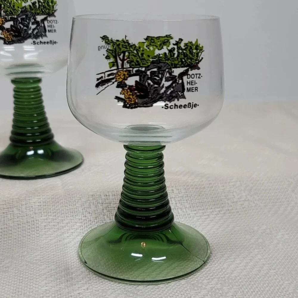 Vintage Volksmarch‎ Wine Glass DotzHeimer Scheessje, Green Stem Wine Glass 1990